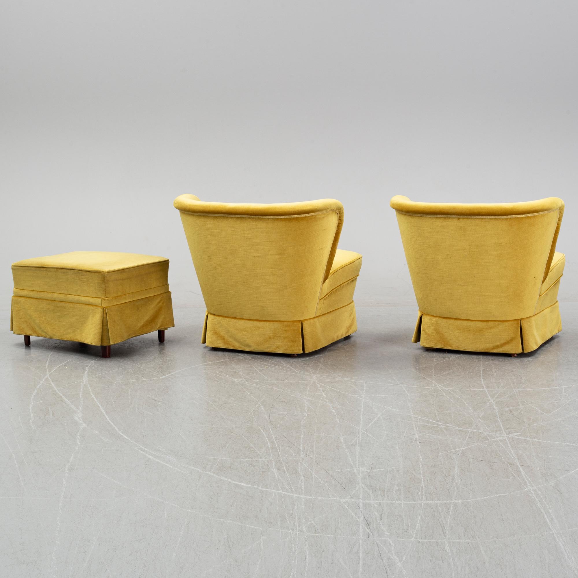 A pair Swedish Modern lounge chairs and a stool, 1940's/50's, the model has been marketed by Gösta Jonsson.