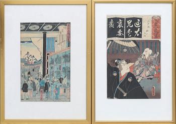 Två färgträsnitt, Kunisada och Hiroshige III, Japan 1800-tal.