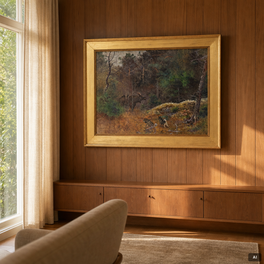 Lindorm Liljefors, Forest landscape with moose and dogs.