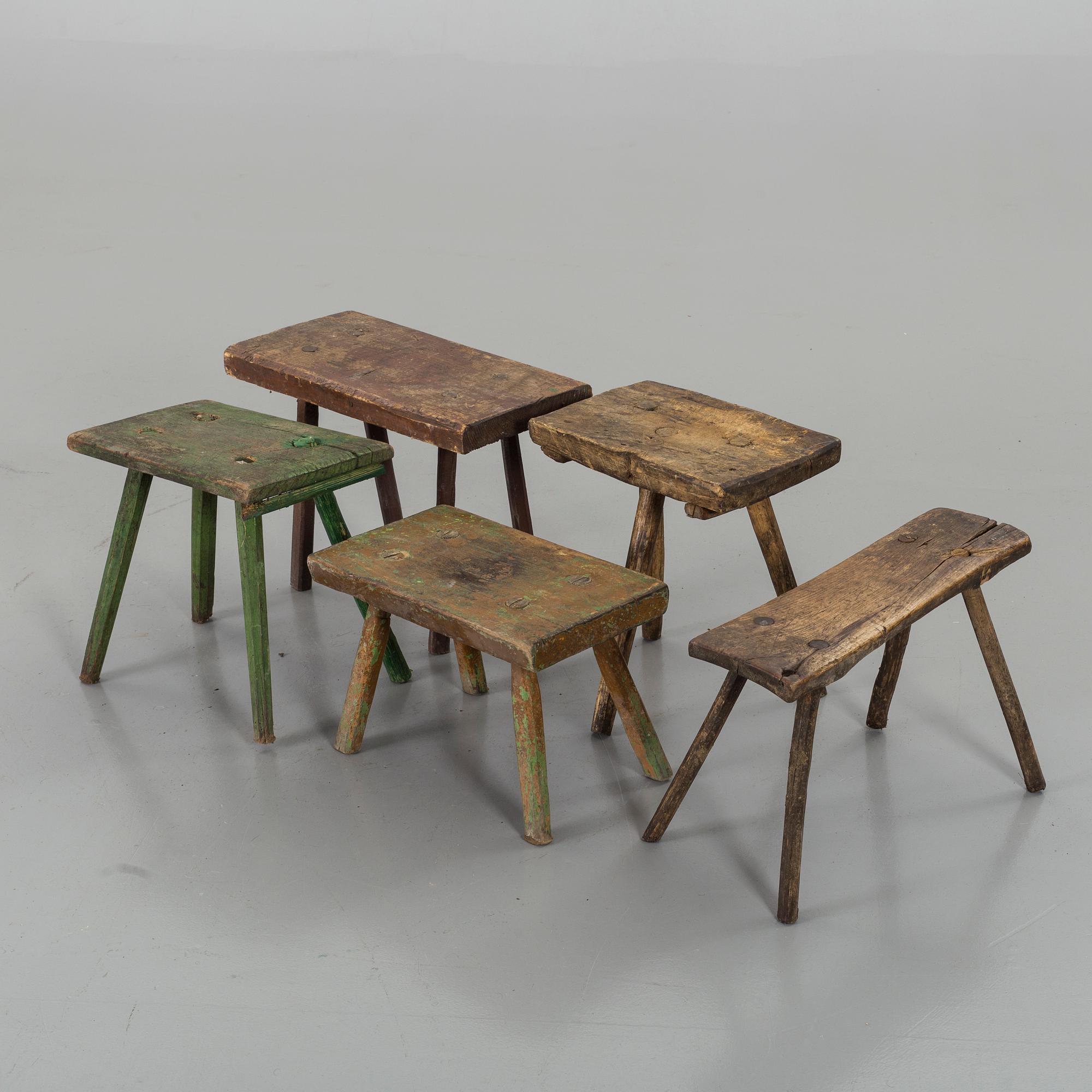 FIVE STOOLS, 19th/20th century.