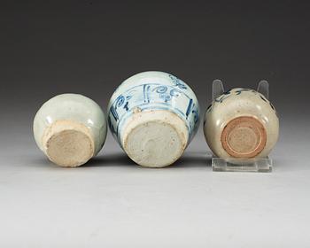 Three blue and white jars, Yuan/Ming dynasty.