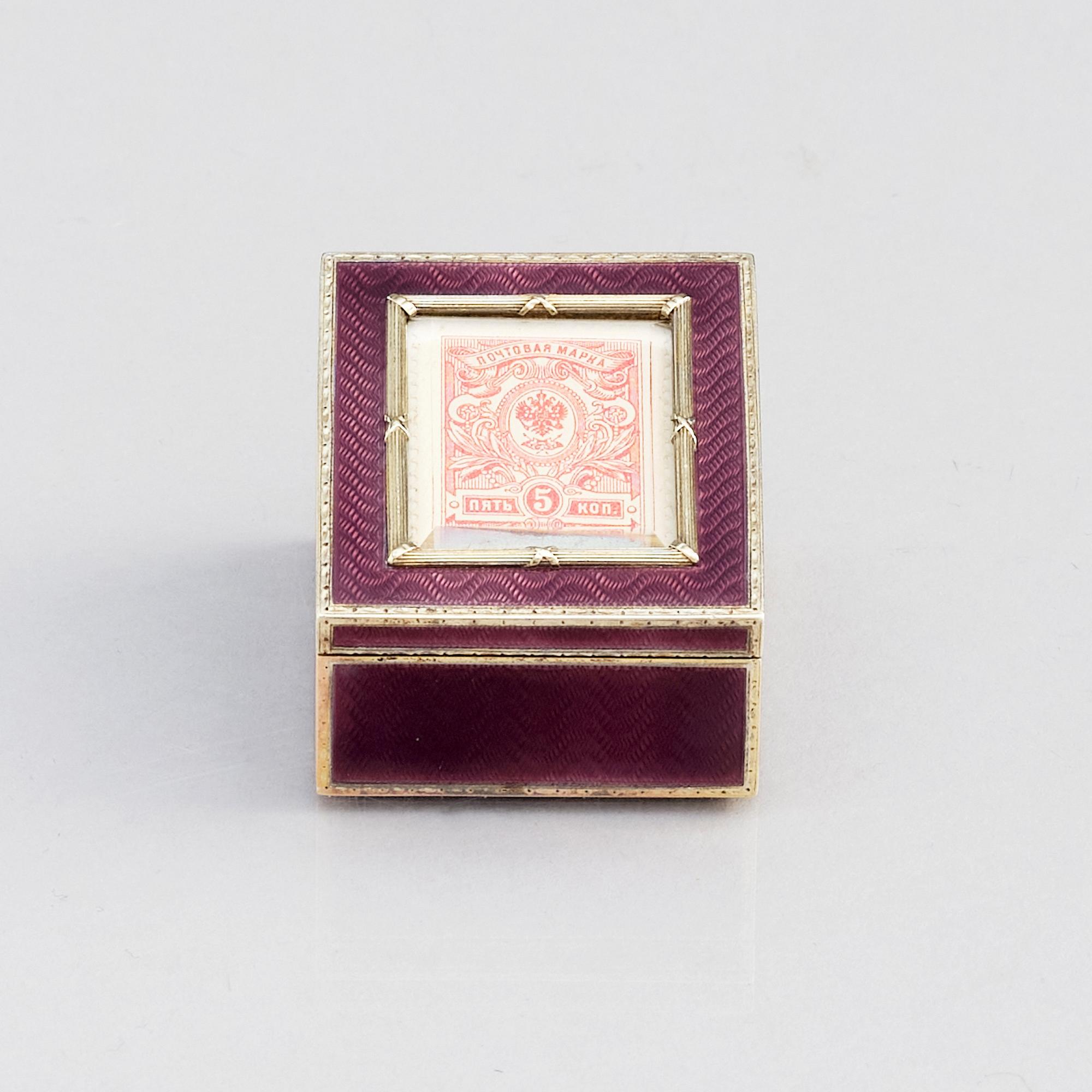 Fabergé, frimärksask, verkmästare Henrik Wigström, guld, silver och emalj, S:t Petersburg 1908-17.