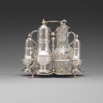 779. A Swedish mid 18th century silver cruet-stand, marks of Johan Lorenz Starin, Stockholm 1750.