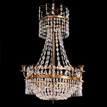 A late Gustavian five-light gilt brass chandelier, late 18th century.