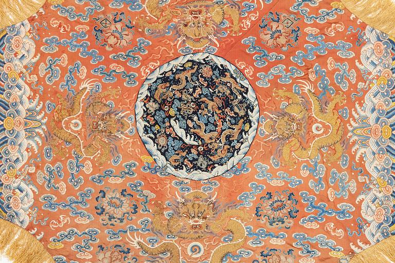 A group of three embroidered silk textiles, Qing dynasty, 18th/19th century.
