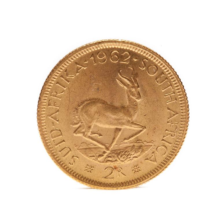 GULDMYNT, 2 rand, Suid-Afrika,  Sydafrika, 1962. Vikt ca 8 g.