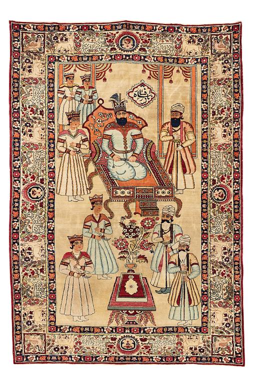 Matto, an antique Kerman Laver figural, ca 204-205 x 138,5-139 cm (as well as ca 0,5 cm flat weave at the the ends).