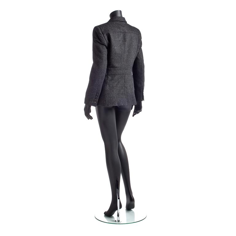 GUCCI, a dark grey wool blend jacket.