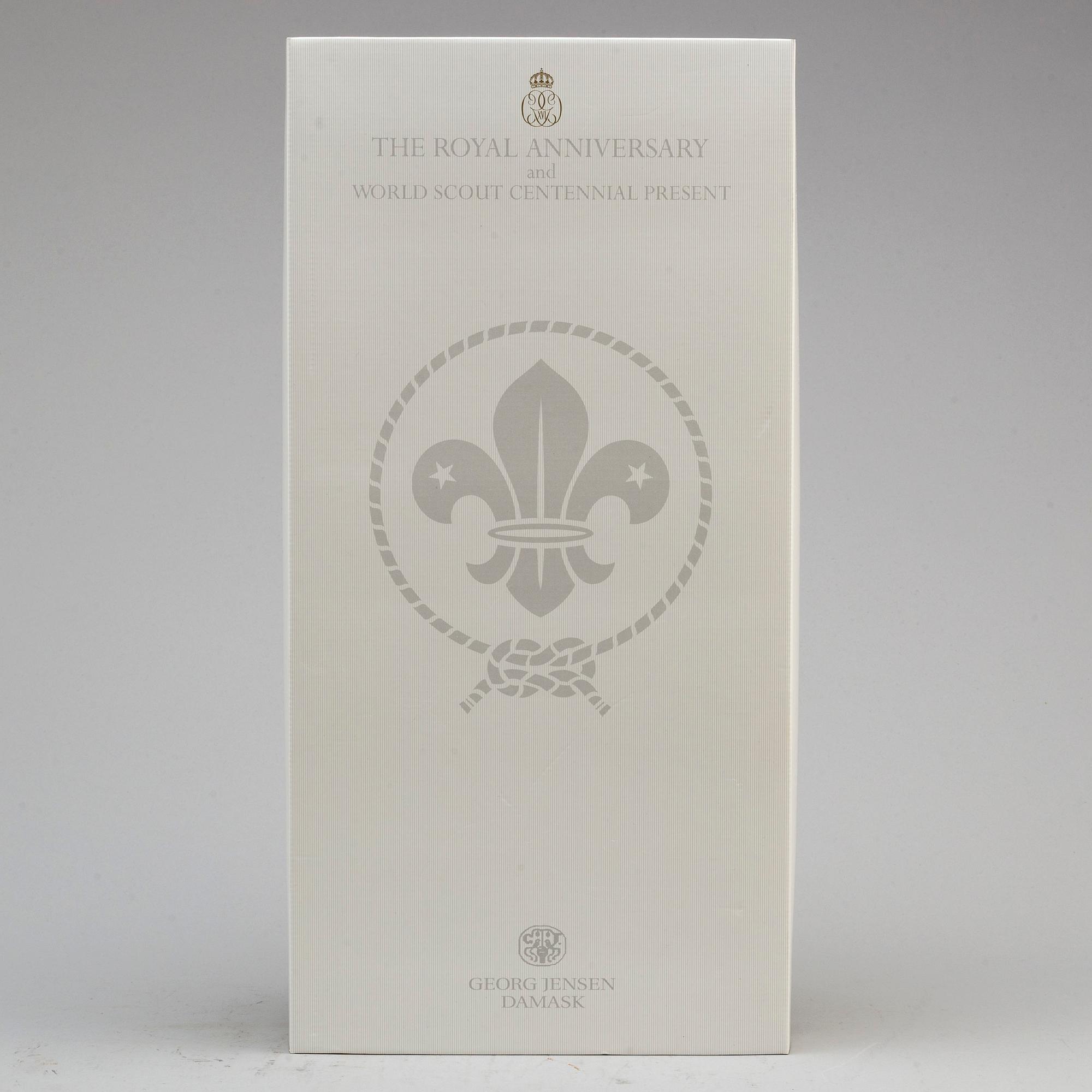 Three damasque table cloths from Georg Jensen Damask. 'The Royal Anniversary and World Scout Centennial Present'.