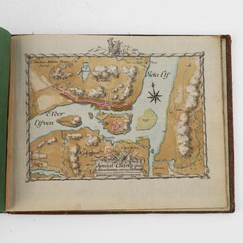 Album från 1746 med 22 akvareller över fästningar, gåva av Gabriel Cronstedt till tronföljaren Adolf Fredrik.