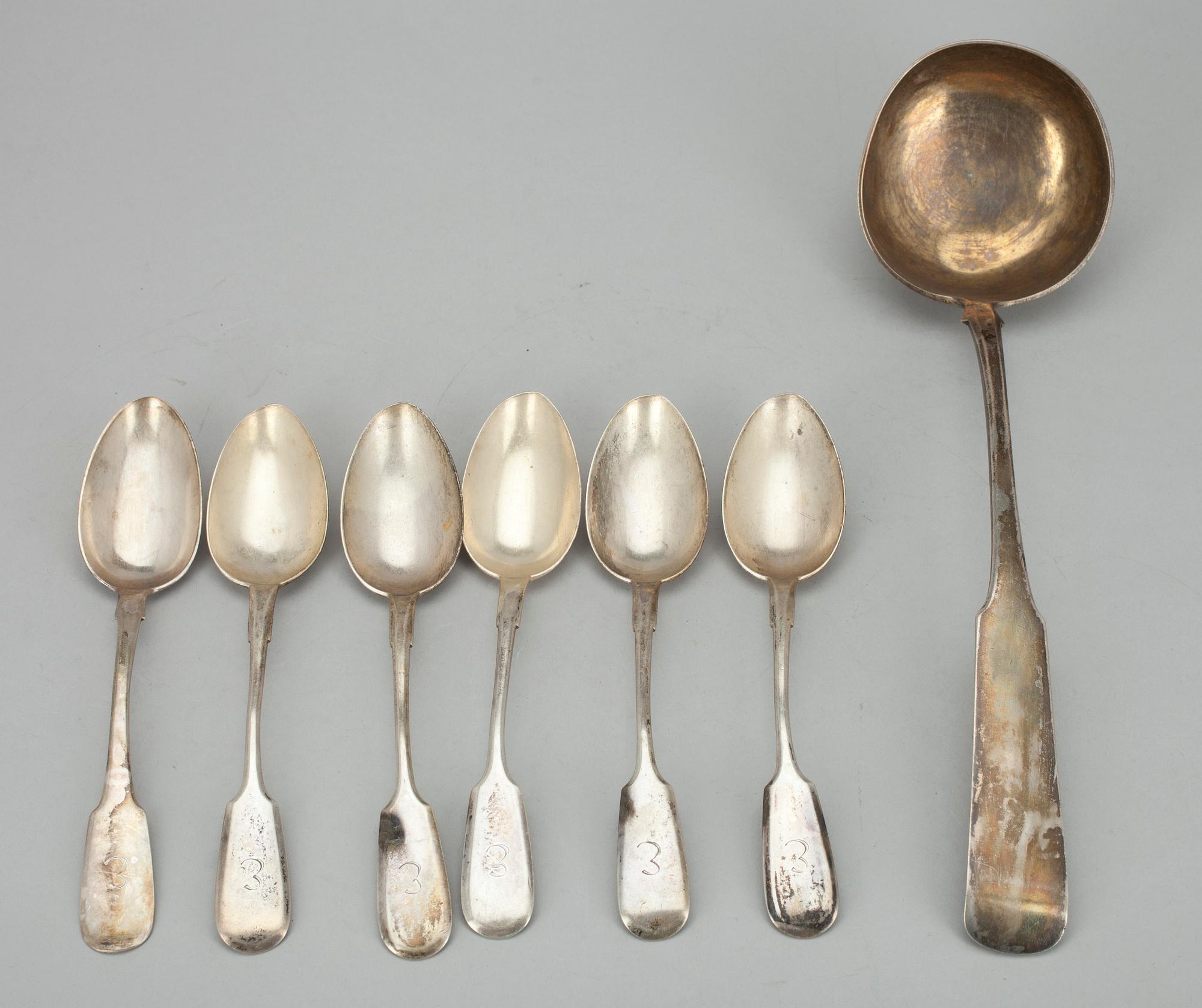 MATSKEDAR, 6 st samt FÖRLÄGGARE, silver, 1800-1900-tal. Tot. vikt. ca 644 g.