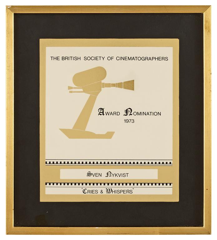 NOMINERINGSCERTIFIKAT, från The British Society of Cinematographers 1973.