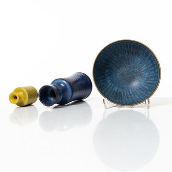 Stig Lindberg, vaser, 2 st och skål, stengods, Gustavsbergs Studio 1964-68.