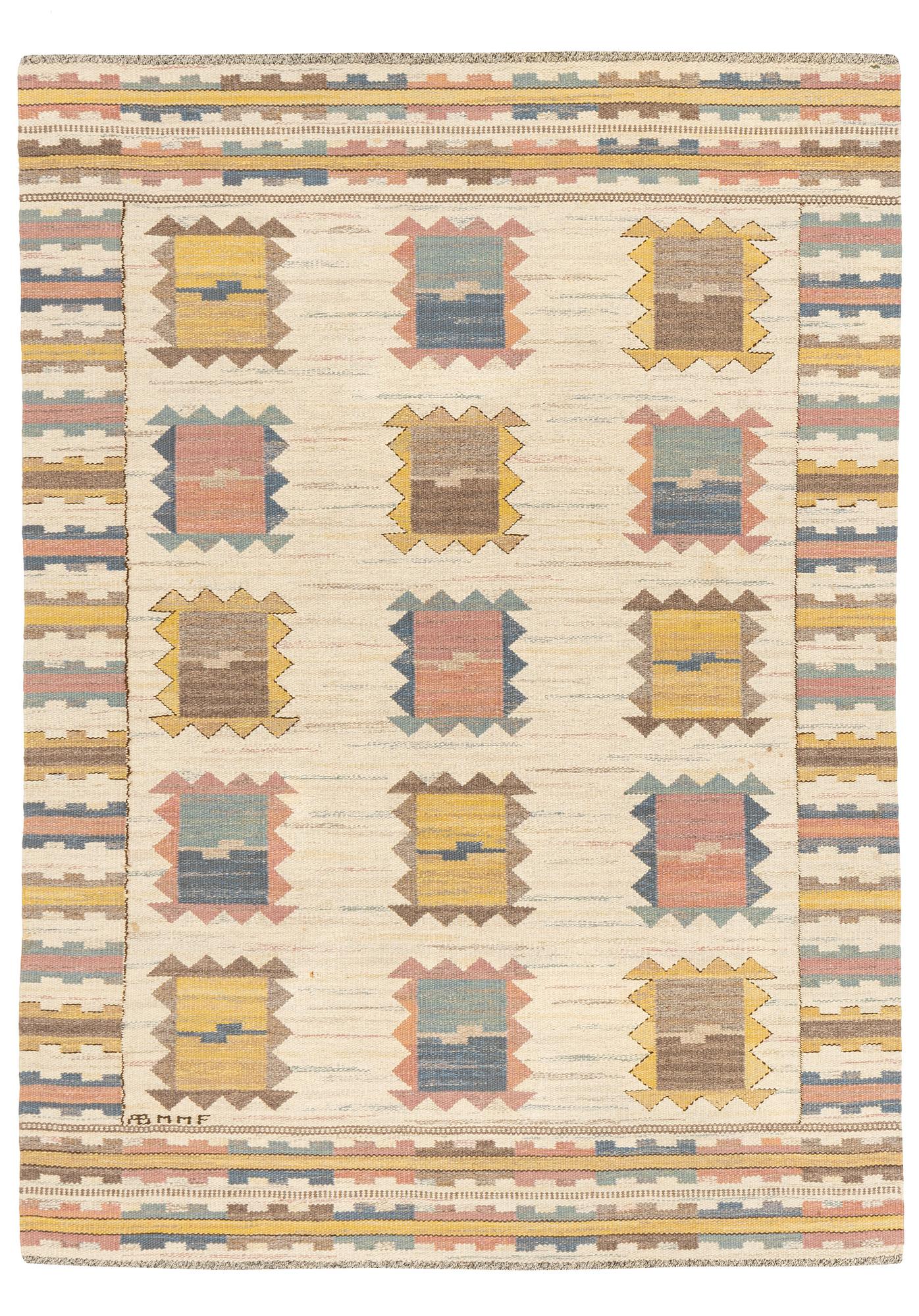 Märta Måås-Fjetterström, matta, "Ljusa plador", rölakan, ca 233 x 170 cm, signerad AB MMF.
