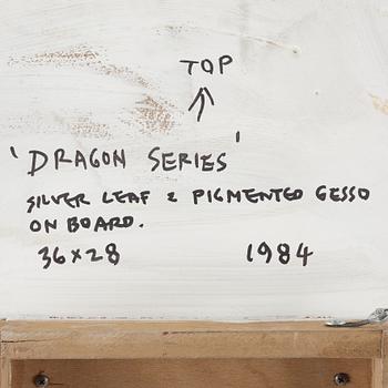 Gordon Hart, signed and dated 1984 on verso. Diptych. Gesso, silver leaf and metal leaf on panel.