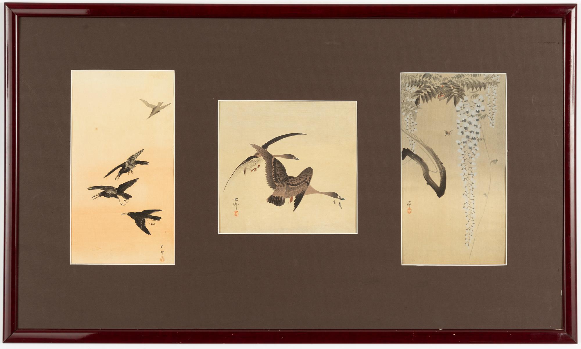 Ohara Koson, 'Four crows in flight', 'Geese and a full moon', 'Wisteria and bee'.