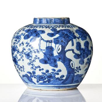 A blue and white melon shaped 'three friends of winter' jar, Ming dynasty, Wanli (1572-1620).