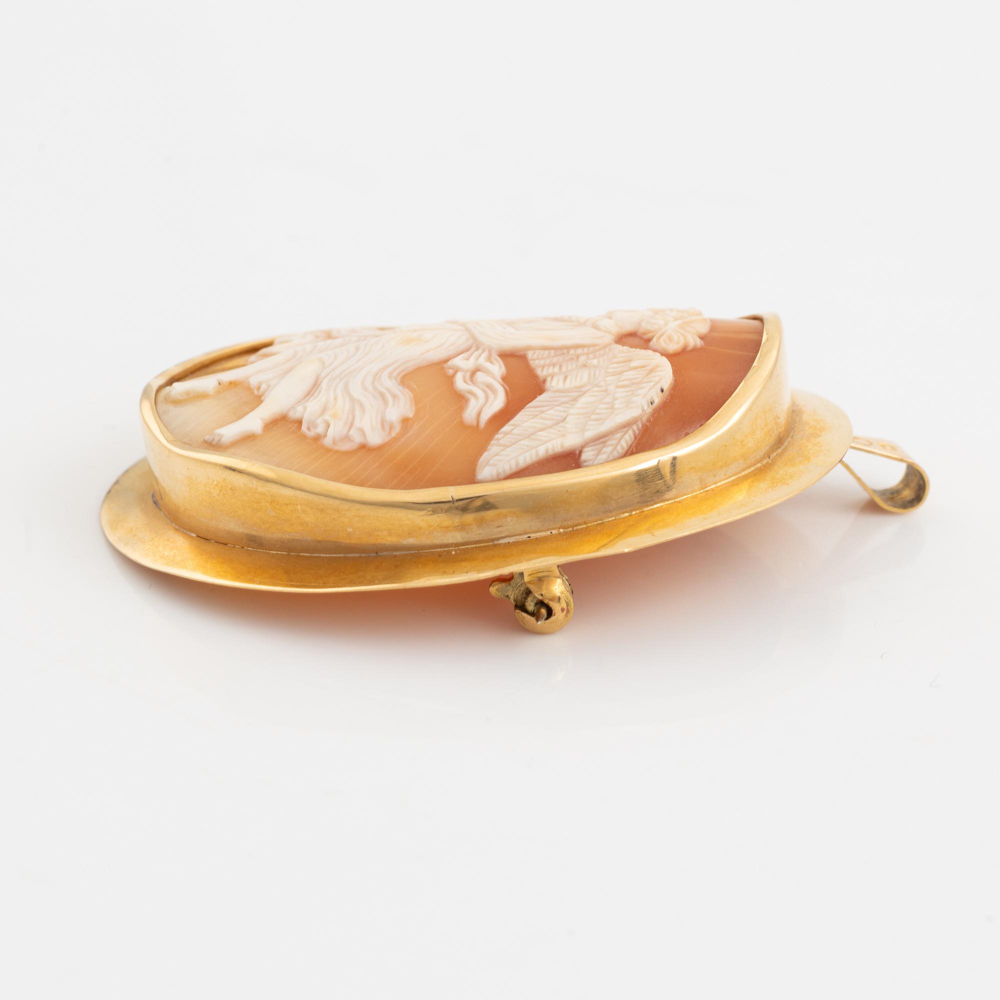 Brooch/pendant, 18K gold with shell cameo.
