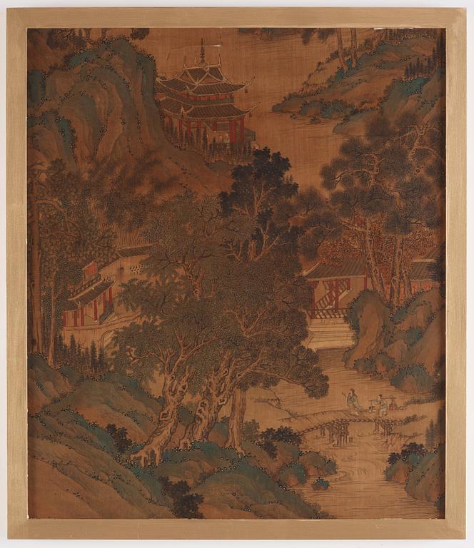 Bergslandskap med pagoder och figurstaffage invid flod.