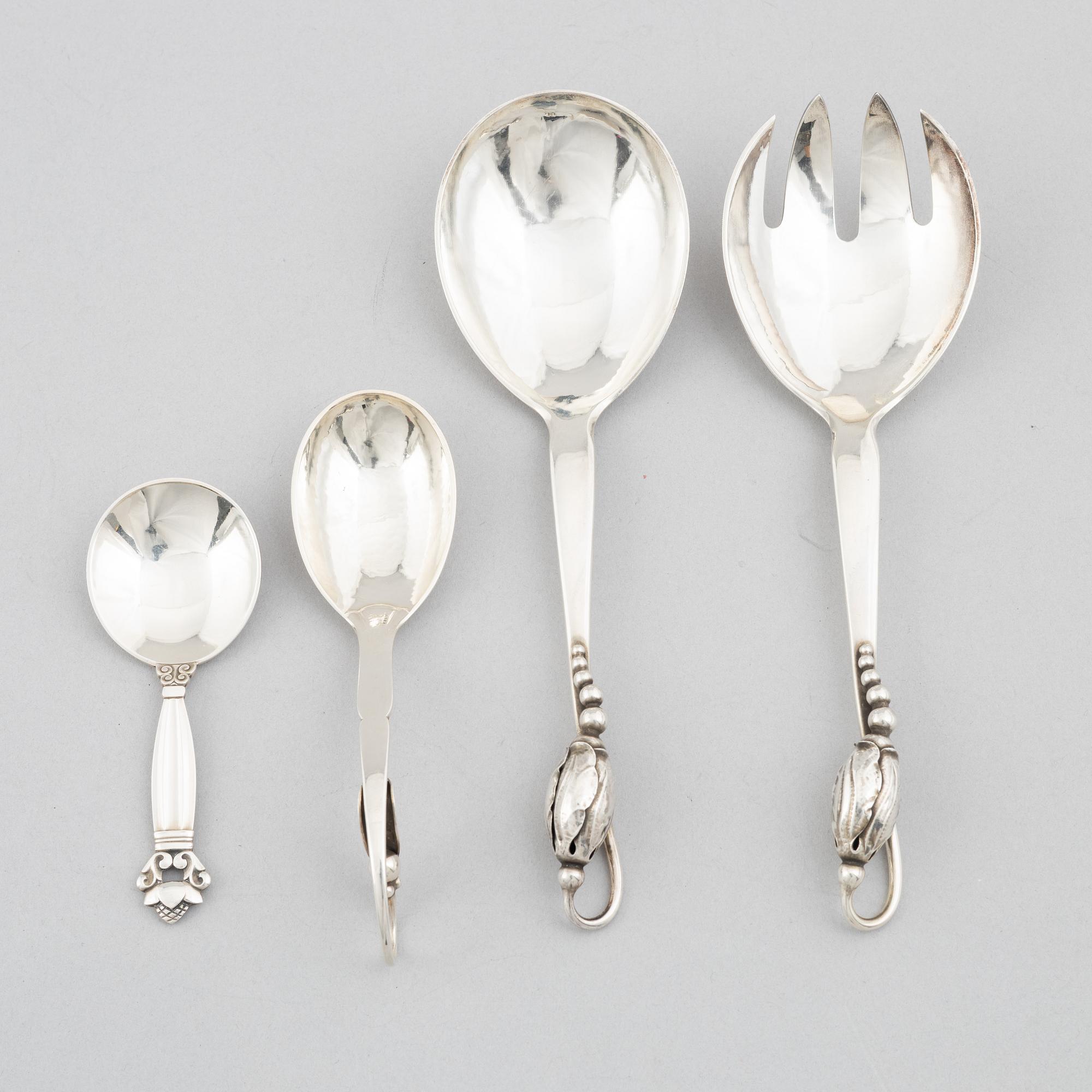 Four sterling silver cutlery, marks of Georg Jensen, Denmark, after 1945.