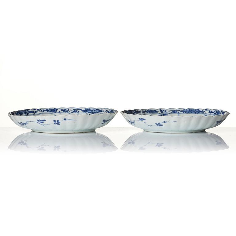 A pair of blue and white 'floral' dishes, Qing dynasty, Kangxi (1662-1722).