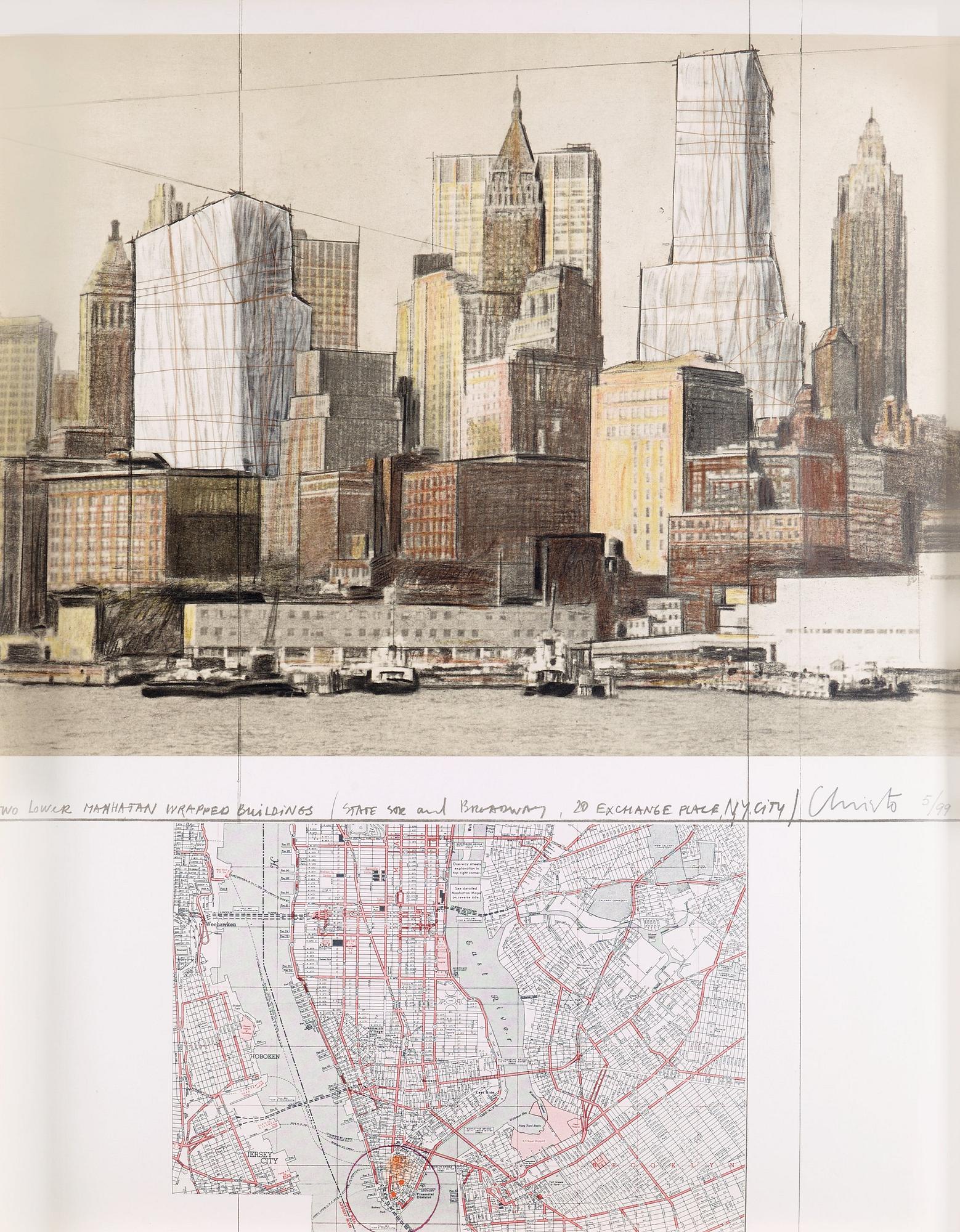 Christo & Jeanne-Claude, "Two lower Manhattan wrapped buildings, project for New York".