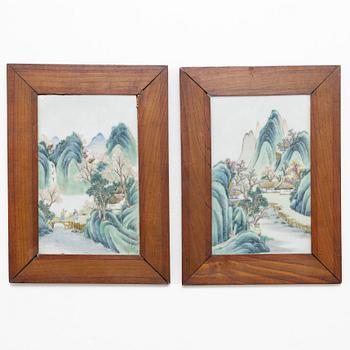 A pair of Chinese famille rose porcelain panels, 20th century.