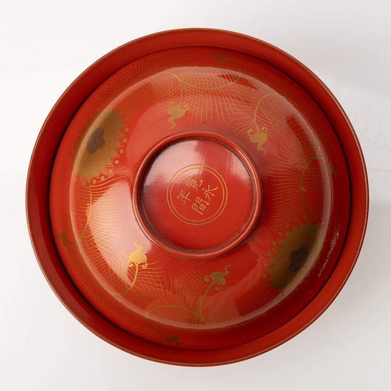 A group of nine Japanese lacquer bowls with covers, Meiji and 20th century.