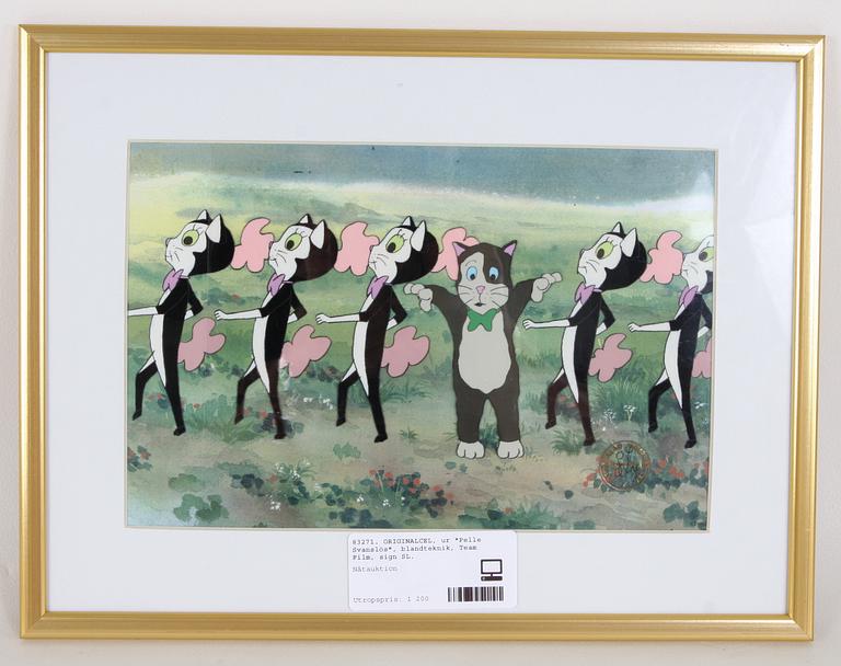 ORIGINALCEL, ur "Pelle Svanslös", blandteknik, Team Film, sign SL.
