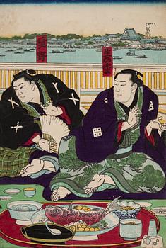 KUNITERU II (1829-74), three colored woodblock prints, triptych, and Two UNIDENTIFIED ARTIST, Japan, 19th century.