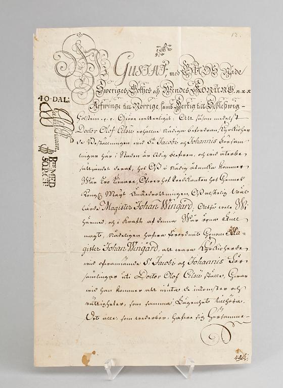 DOKUMENT MED KUNGLIG AUTOGRAF, egenhändigt sign av Konung Gustaf III av Sverige, 8 mars 1775.