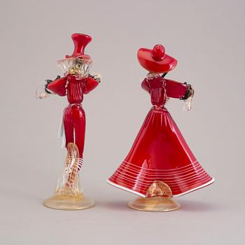 A pair of glass figures from Murano, mid 20th century.