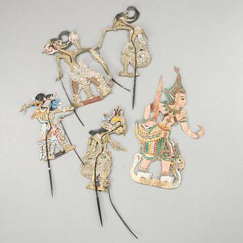 SKUGGSPELSFIGURER, 5 st, Indonesien, 1900-tal.