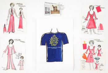 Max Goldstein (Mago) · MAX GOLDSTEIN (MAGO) ca 18 akvarellteckningar, förslag till Dramaten T-shirts och kostymer från "Brända Tomten", 1969.