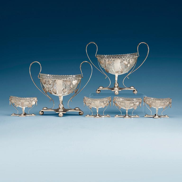 A set of six Danish silver and glas sugar-bowls and salts, marks of Mogens Klarschow, Copenhagen 1821.