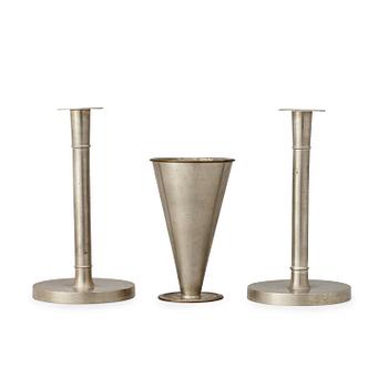 A pewter set probably designed by Björn Trägårdh, a vase and a pair of candlesticks, Svenskt Tenn, Stockholm 1928-29.