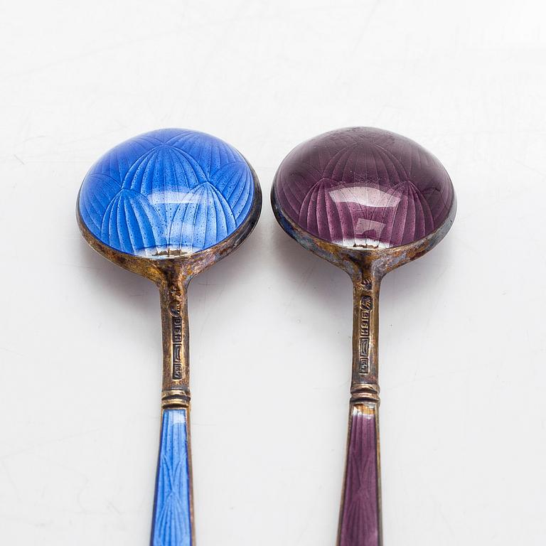 Tillander, sixteen enamelled and gilded silver coffee spoons, Helsinki 1952-65. Twelve in original box.