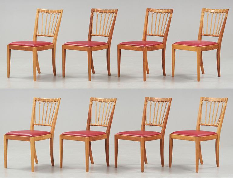 Josef Frank, A set of eight Josef Frank valnöt and rattan chairs, Svenskt Tenn, model 1165.