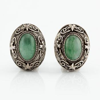 A Chinese silver and green stone bracelet and a pair of earrings, early 20th century.