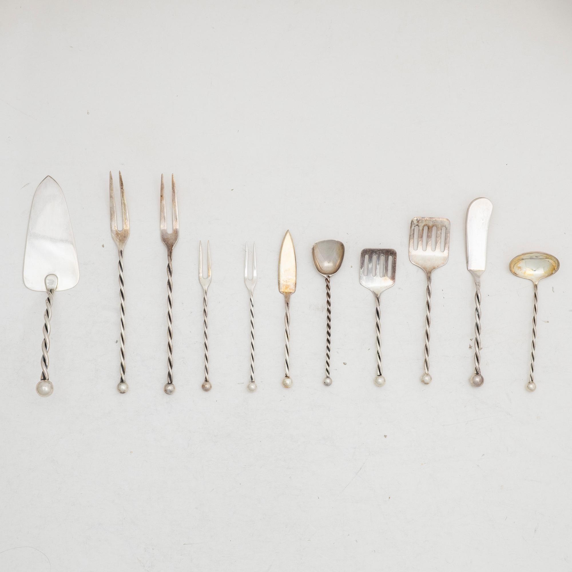 Serving utensils, 10 pieces, sterling silver, Jakob Grimminger, Schwäbisch Gmünd, Germany, circa mid-20th century.