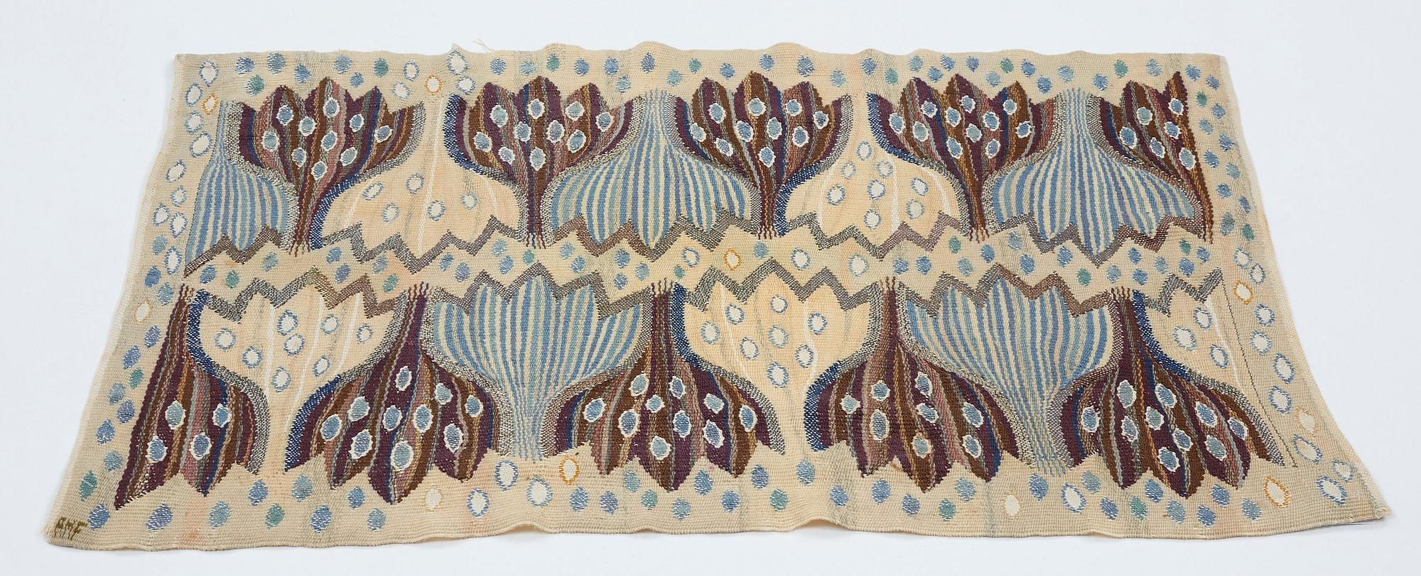 Ann-Mari Forsberg, född Lindbom, a textile, "Blå crocus", tapestry weave, ca 55,5-57 x 84,5-88,5 cm, signed AMF.
