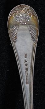 MAT- SAMT DESSERTSKEDAR, 16st, silver, flertal mästare bla Zacharias Lundqvist, Stockholm och E. Nordin, Sundsvall. 1800/1900-tal.