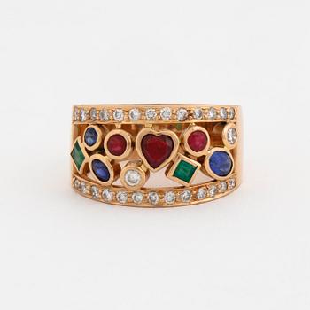 A ruby, emerald and sapphire ring.