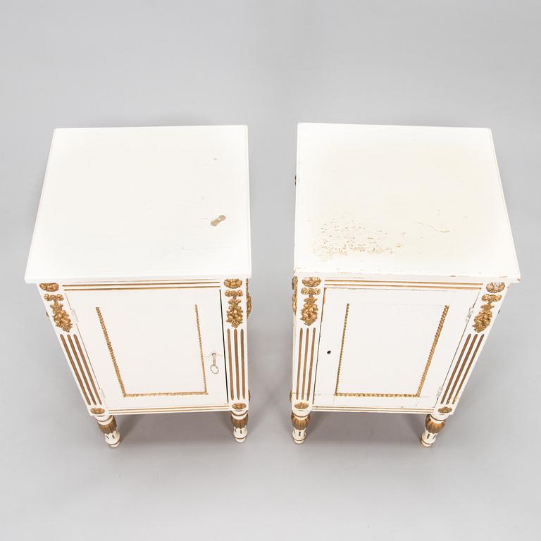 A Gustavian style dressing table with mirror, stool and  a pair of bed side tables, mid 20th century.