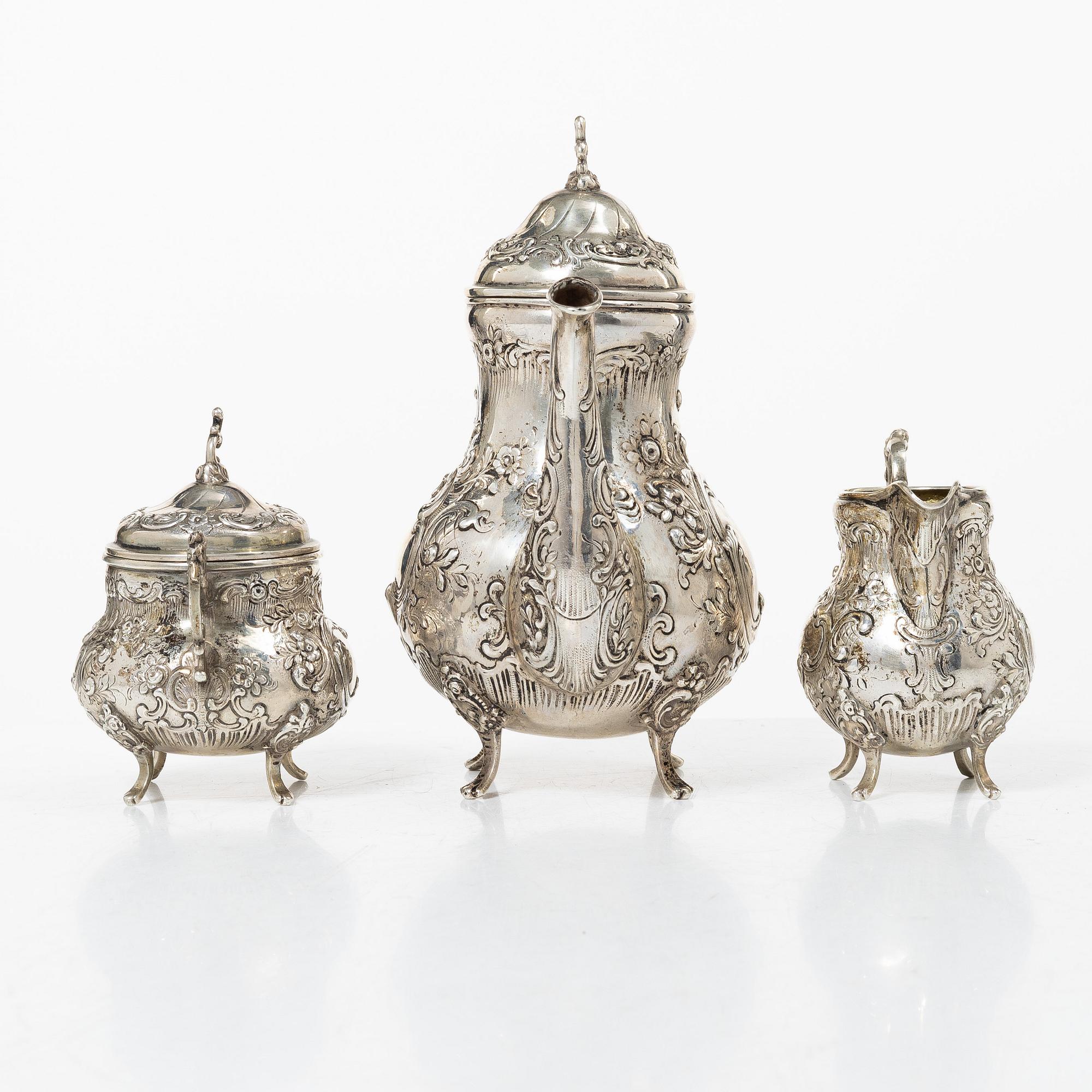 A three-piece rococo-style silver mocha service, 20th century, with swedish import marks.