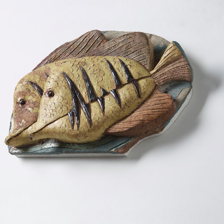 Tyra Lundgren, a stoneware relief 'Yellow fish', probably 1950's.