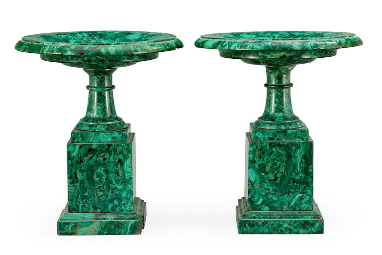 A pair of Russian Empire 19th Century malachite veneered tazza.