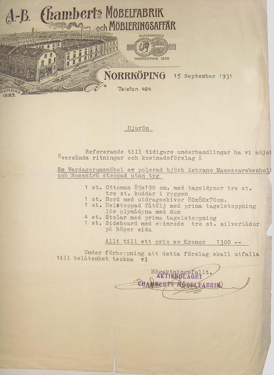 BORD OCH 4 STOLAR, Erik Chambert, Chamberts Möbelfabrik, 1900-talets första hälft.