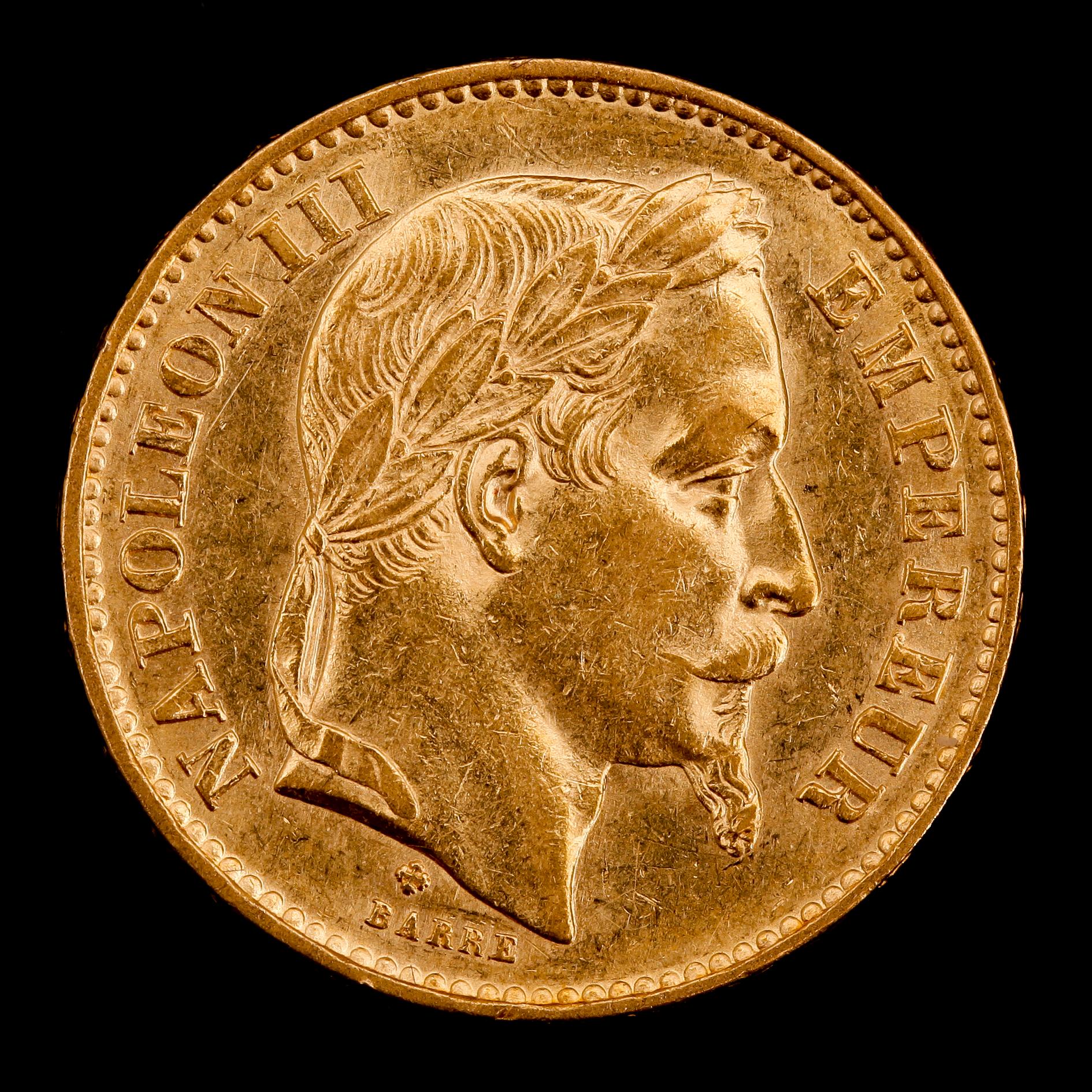GULDMYNT, Napoleon III, 20 fr, 1869. Vikt ca 6 g.