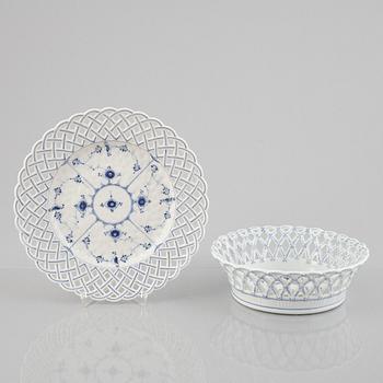 A 'Blue Fluted Full Lace' porcelain fruit basket with stand, Royal Copenhagen, model 1054, stand 19th century.